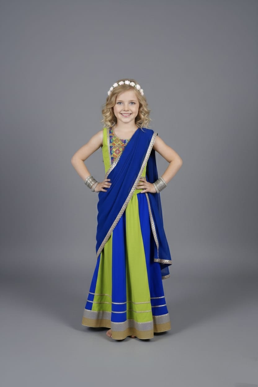 Lime Green & Royal Blue Embroidered Lehenga Choli