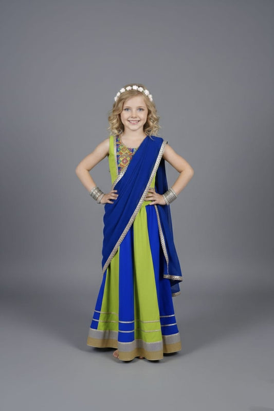 Lime Green & Royal Blue Embroidered Lehenga Choli