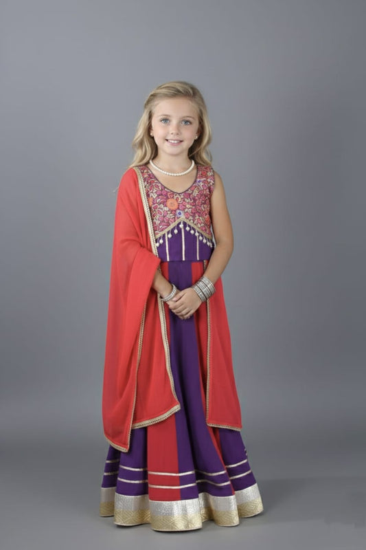 Purple & Red Embroidered Lehenga Choli Set