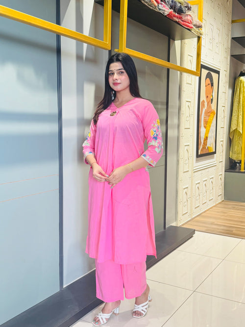 Elegant Pink Cotton Kurti Set – Embroidered Sleeves