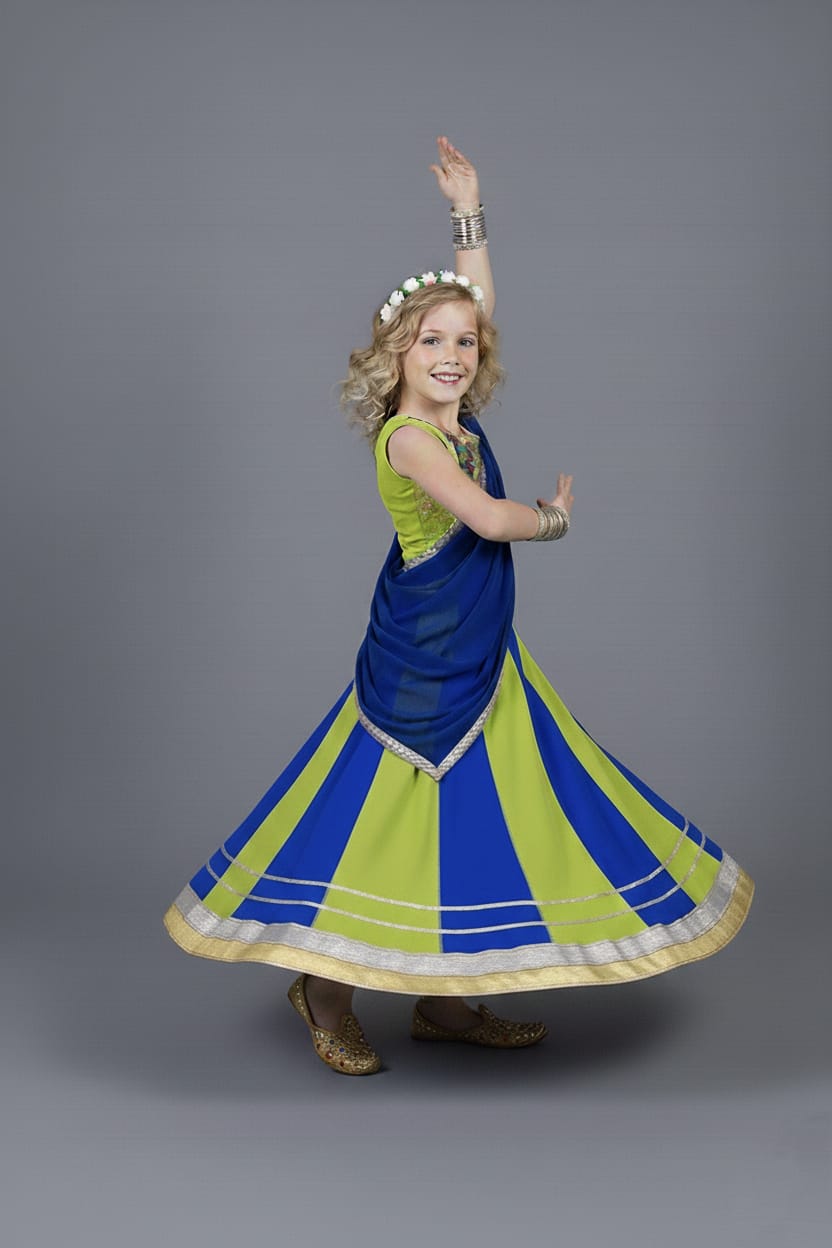Lime Green & Royal Blue Embroidered Lehenga Choli