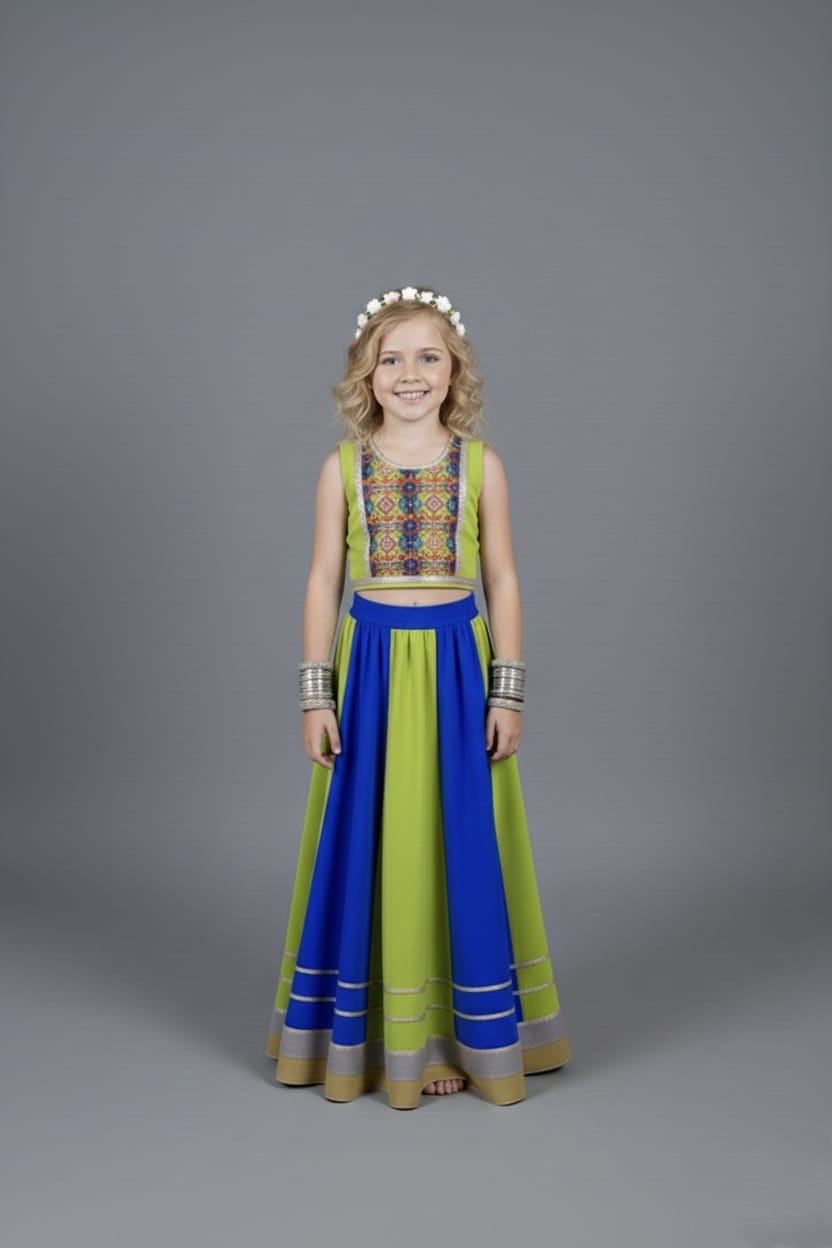 Lime Green & Royal Blue Embroidered Lehenga Choli