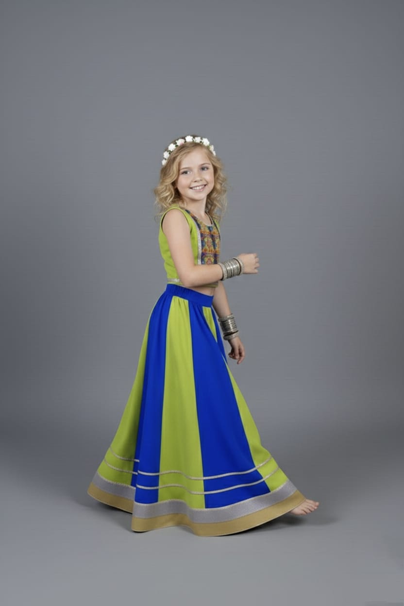 Lime Green & Royal Blue Embroidered Lehenga Choli