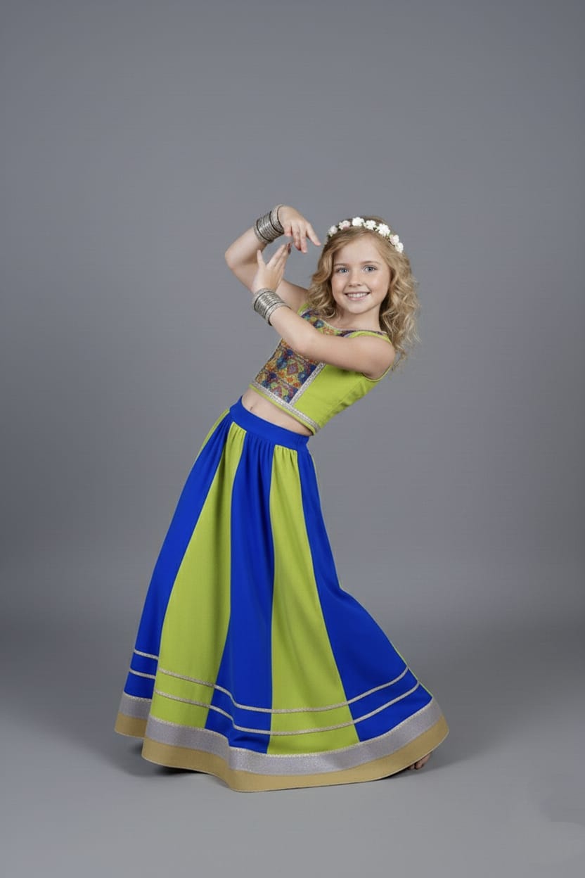 Lime Green & Royal Blue Embroidered Lehenga Choli