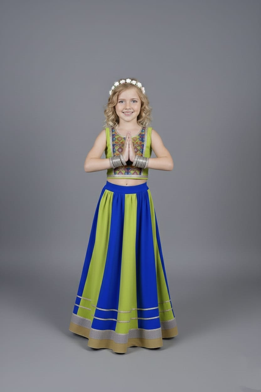 Lime Green & Royal Blue Embroidered Lehenga Choli