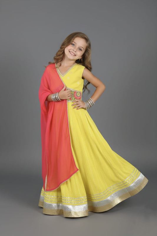 Yellow & Pink Embroidered Lehenga Choli Set
