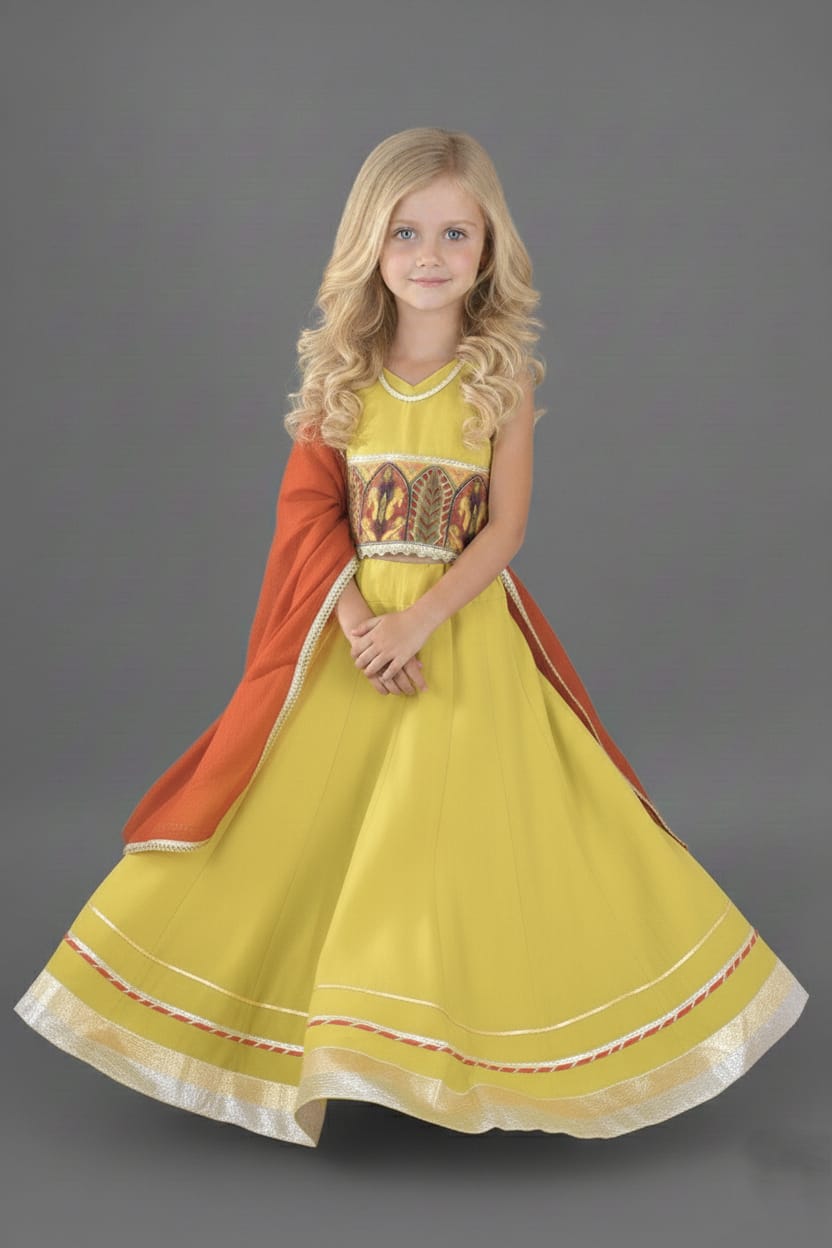 Yellow & Orange Embroidered Work Lehenga Choli Set