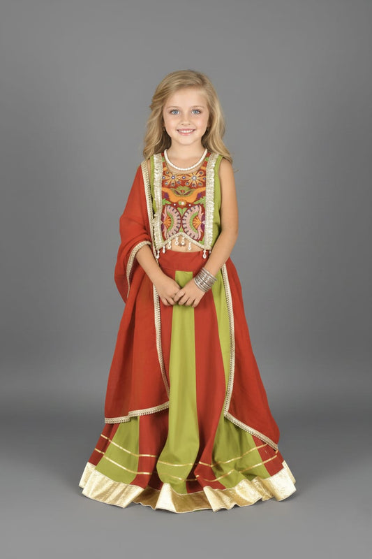 Green & Red Embroidered Lehenga Choli Set