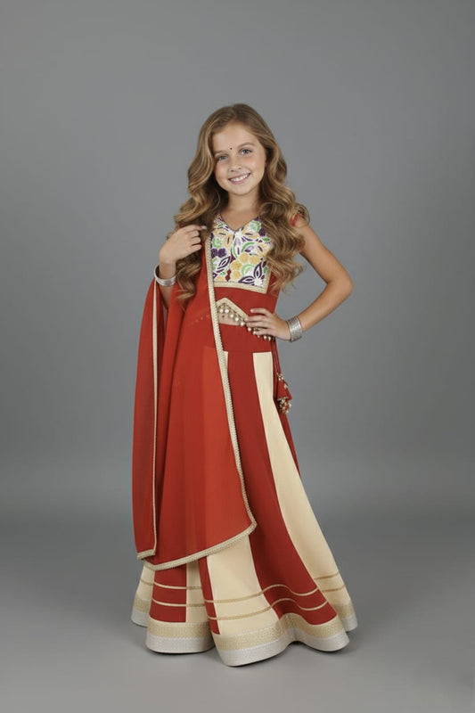 Maroon & Cream Embroidered Lehenga Choli Set