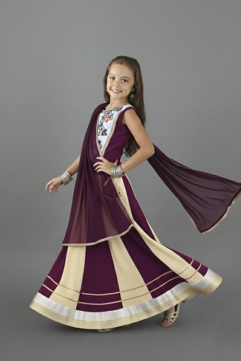 Purple & Cream Embroidered Lehenga Choli Set