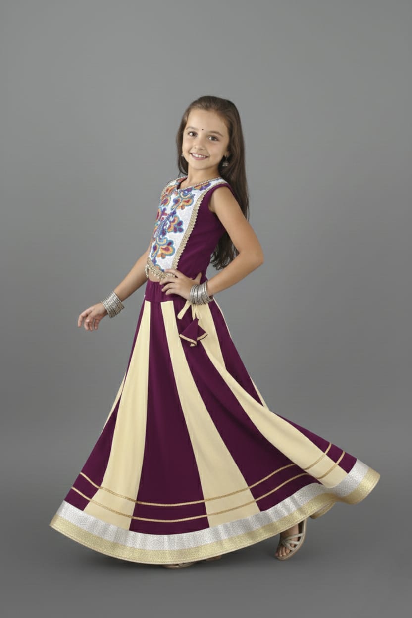 Purple & Cream Embroidered Lehenga Choli Set