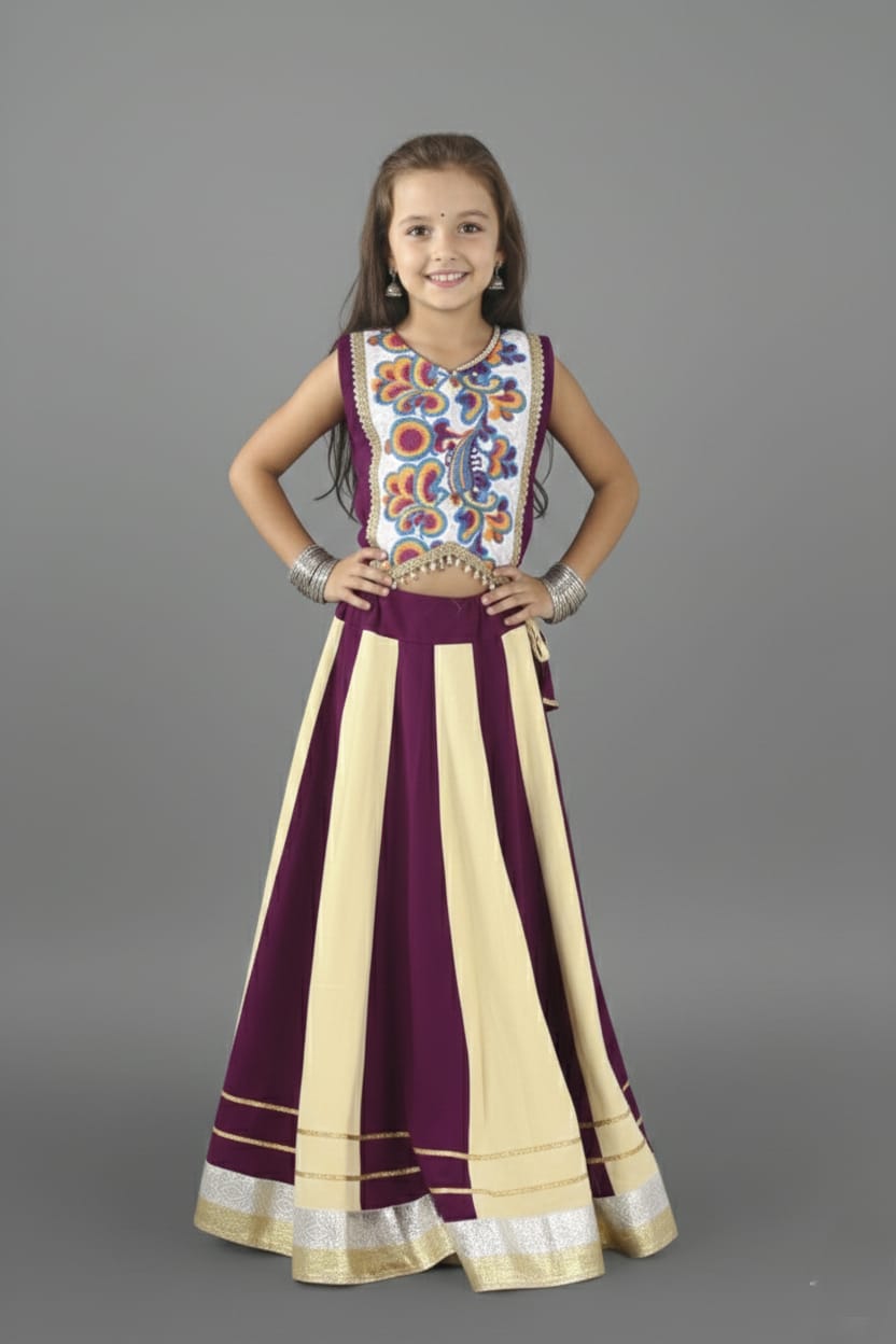 Purple & Cream Embroidered Lehenga Choli Set