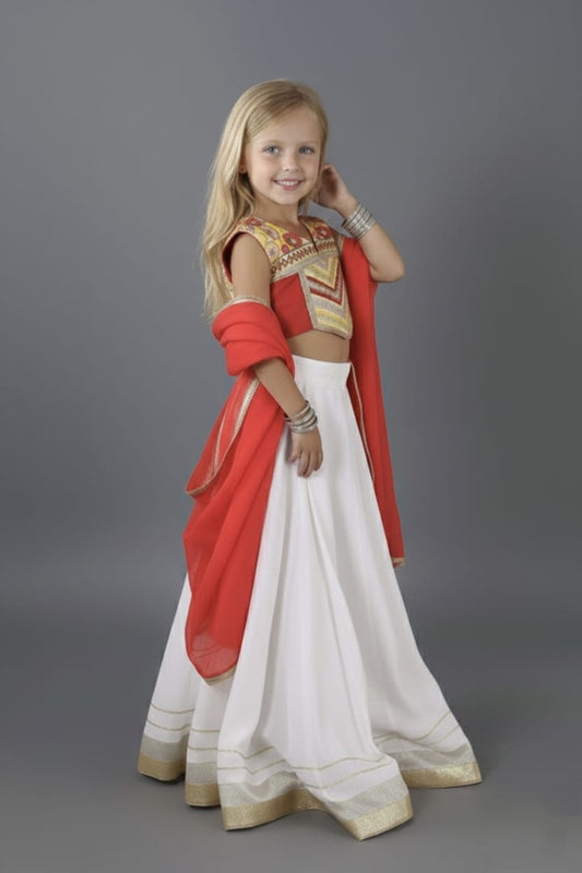 Red & Yellow Embroidered Kids Lehenga Choli Set