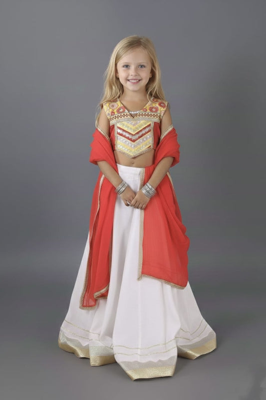 Red & Yellow Embroidered Kids Lehenga Choli Set