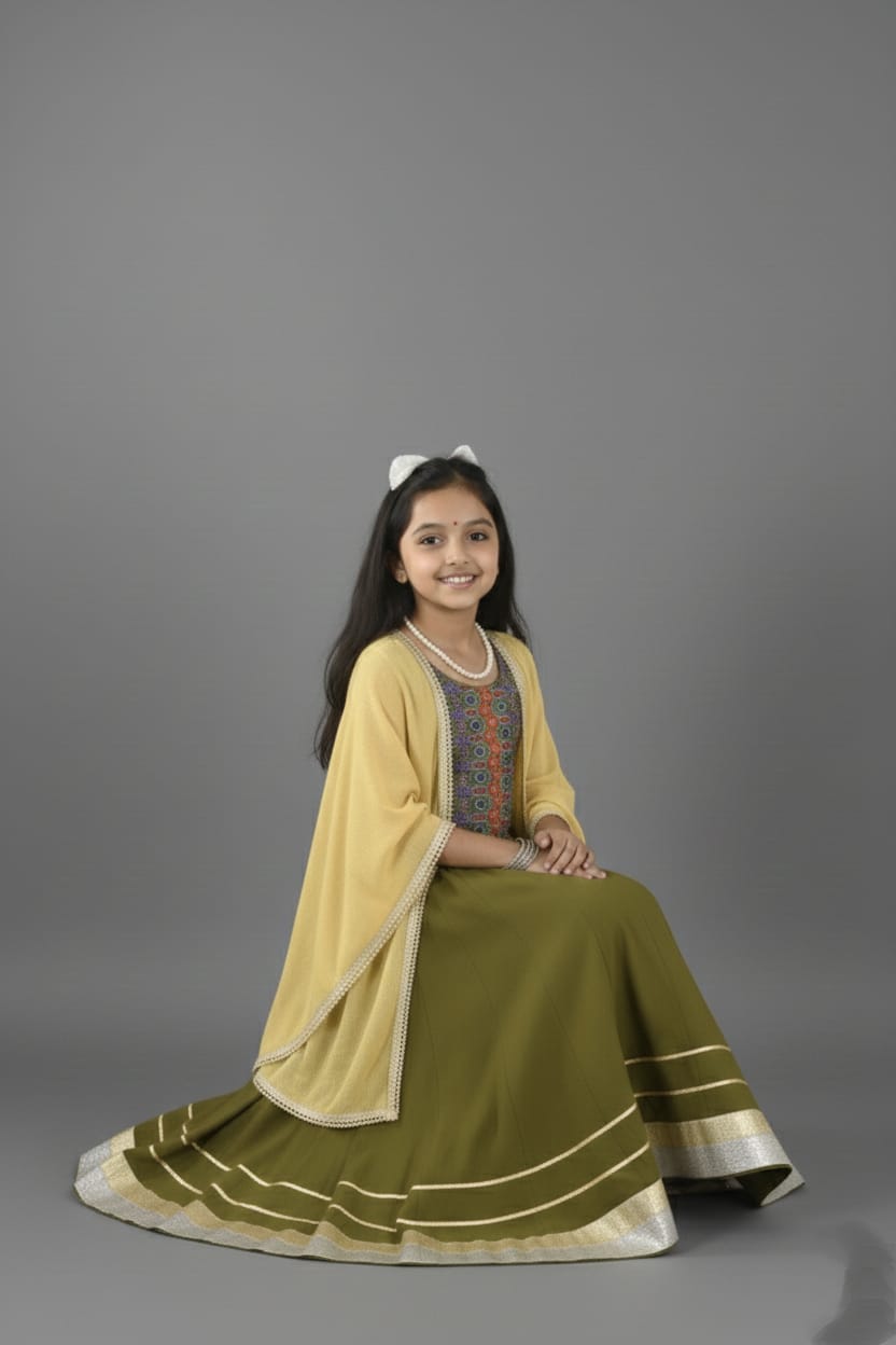 Olive Green & Mustard Embroidered Lehenga Choli Set