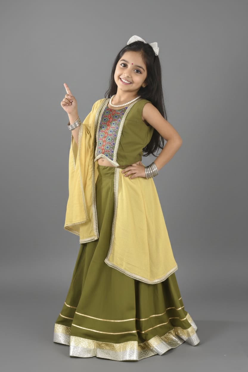 Olive Green & Mustard Embroidered Lehenga Choli Set