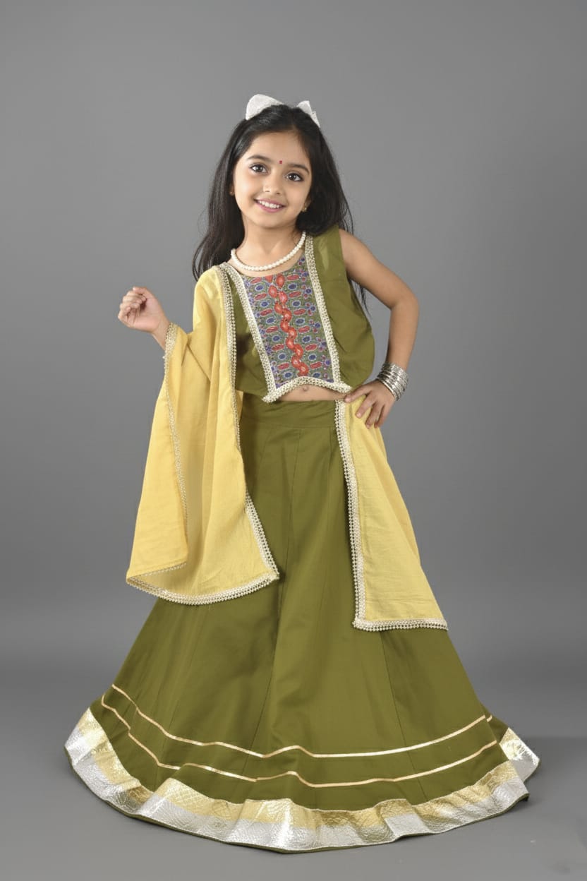 Olive Green & Mustard Embroidered Lehenga Choli Set