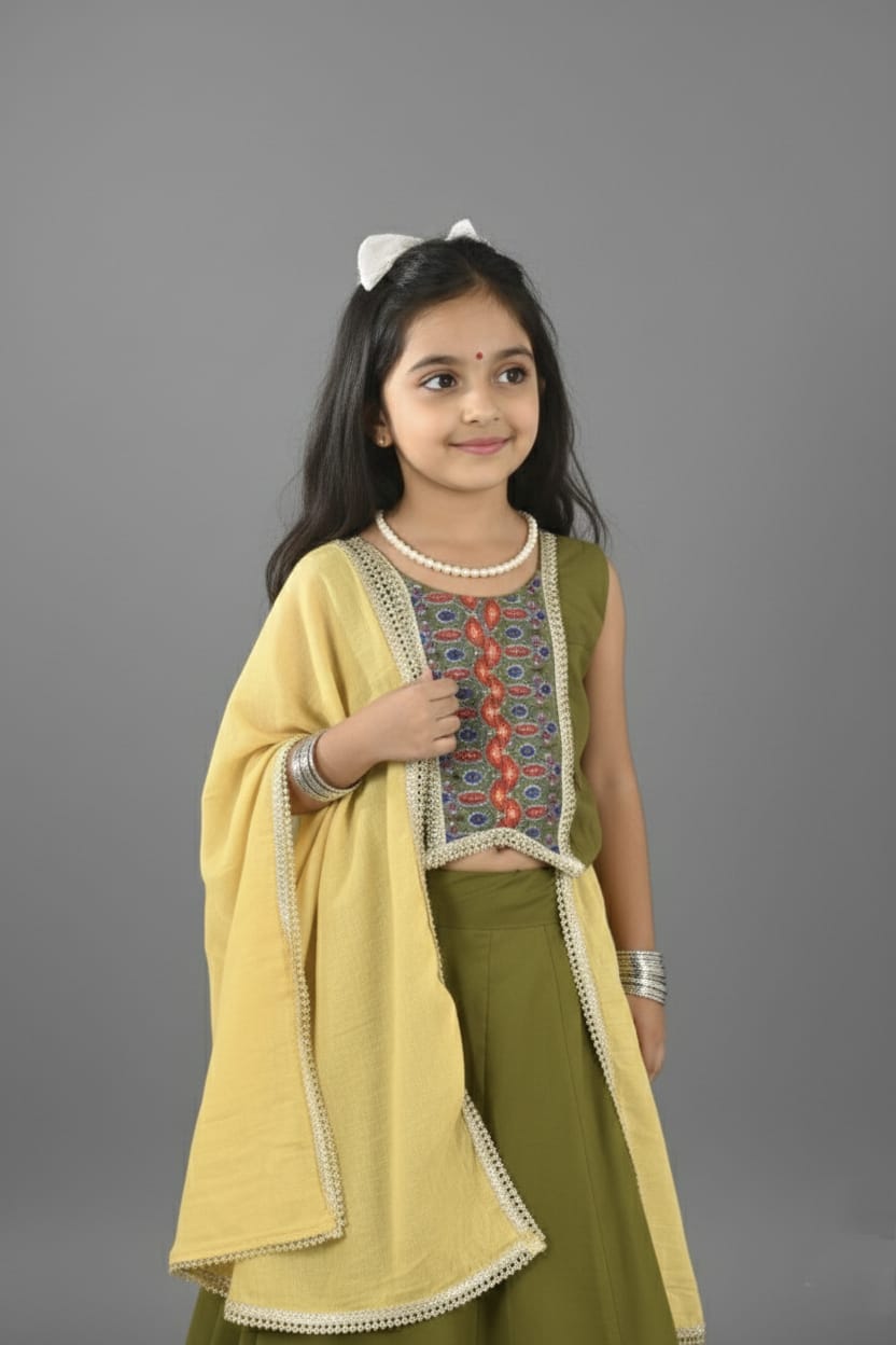 Olive Green & Mustard Embroidered Lehenga Choli Set