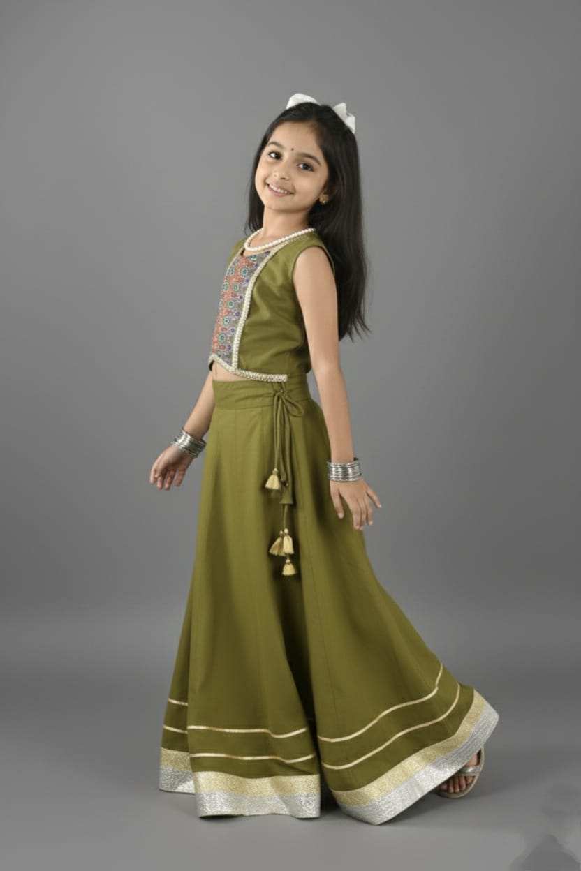 Olive Green & Mustard Embroidered Lehenga Choli Set