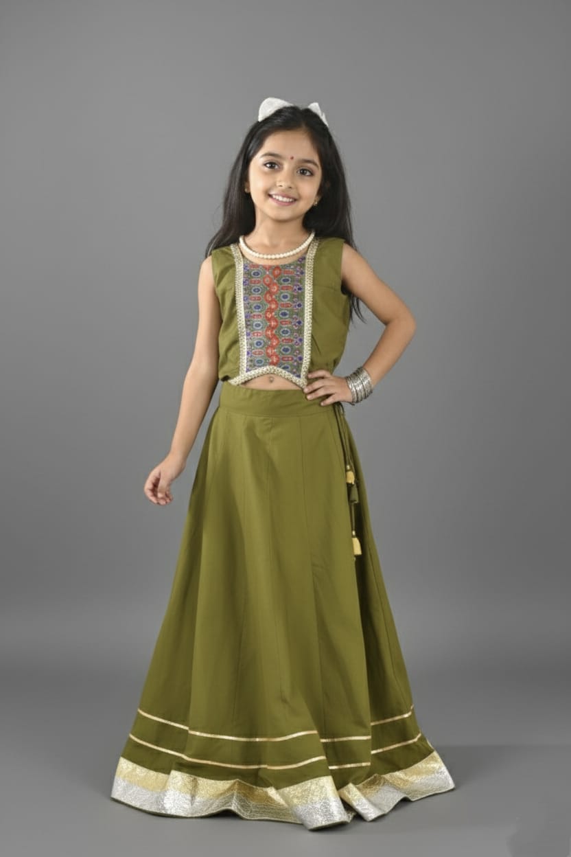 Olive Green & Mustard Embroidered Lehenga Choli Set