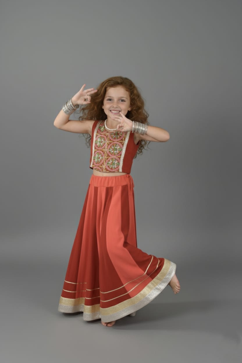 Rust Red & Coral Embroidered Lehenga Choli Set