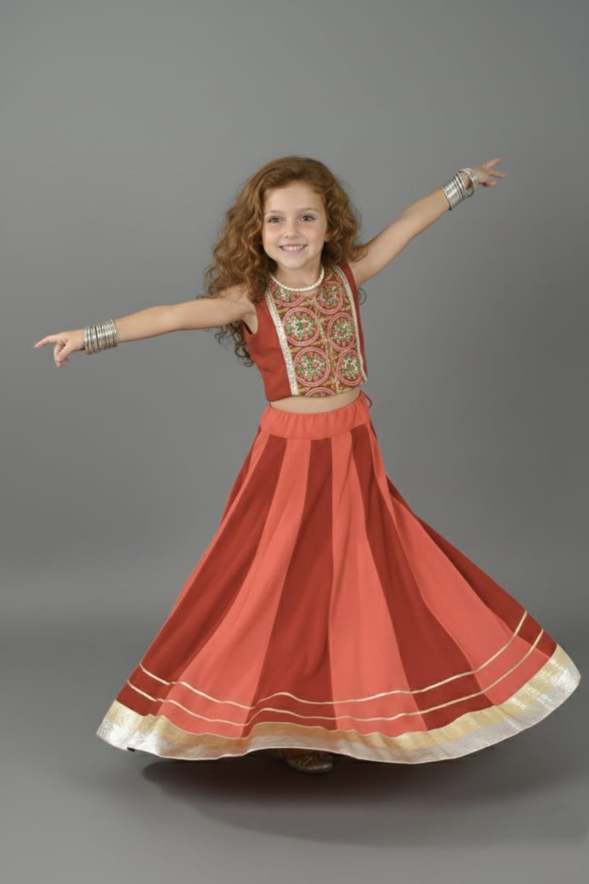 Rust Red & Coral Embroidered Lehenga Choli Set