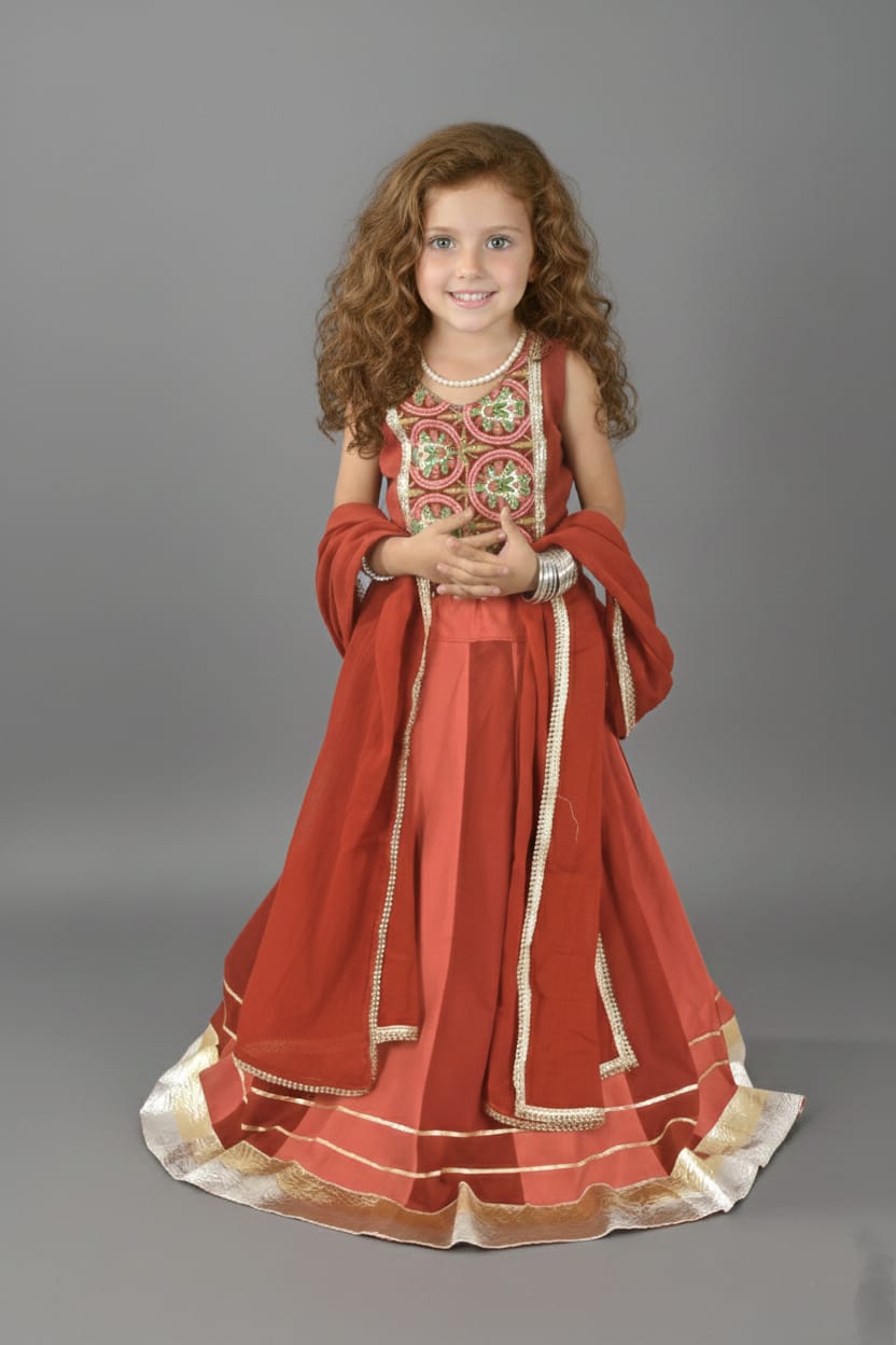 Rust Red & Coral Embroidered Lehenga Choli Set