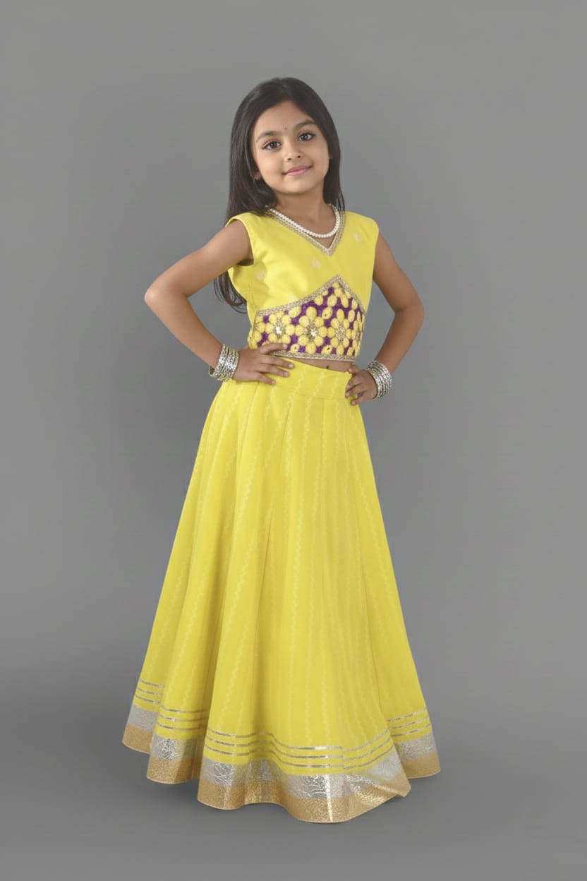 Sunshine Yellow & Purple Embroidered Lehenga Choli Set