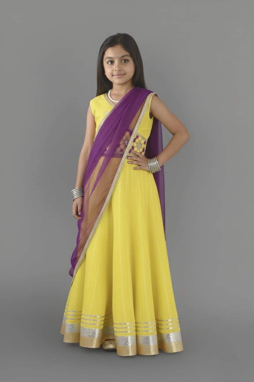 Sunshine Yellow & Purple Embroidered Lehenga Choli Set