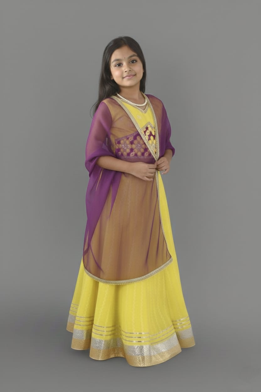 Sunshine Yellow & Purple Embroidered Lehenga Choli Set