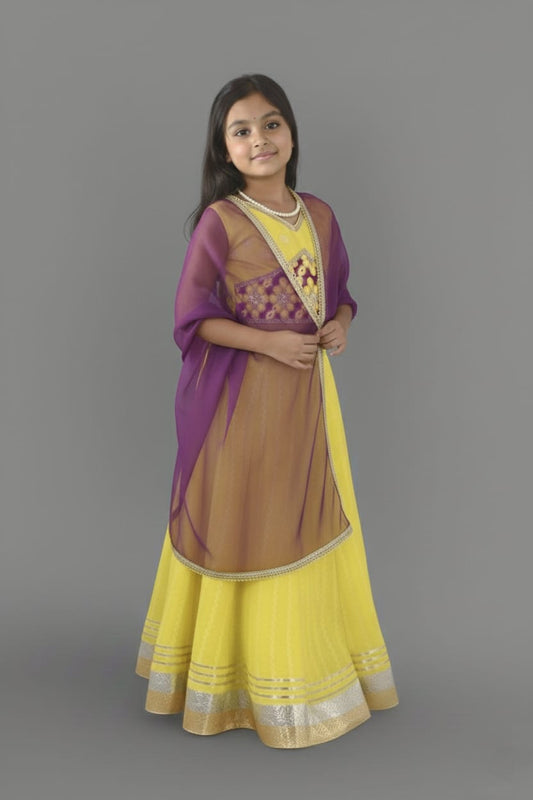 Sunshine Yellow & Purple Embroidered Lehenga Choli Set
