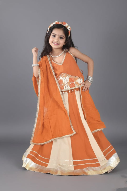 Orange & Cream Floral Embroidered Lehenga Choli Set