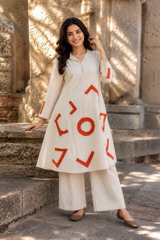 Ivory Geometric Appliqué Cotton Co-Ord Set