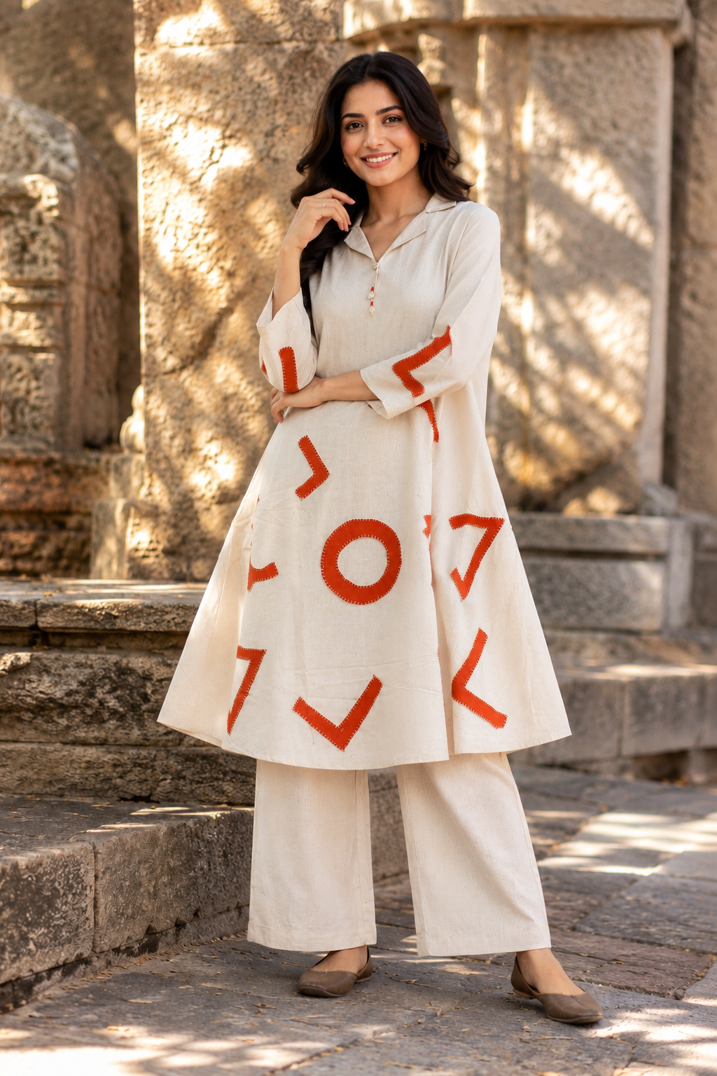 Ivory Geometric Appliqué Cotton Co-Ord Set
