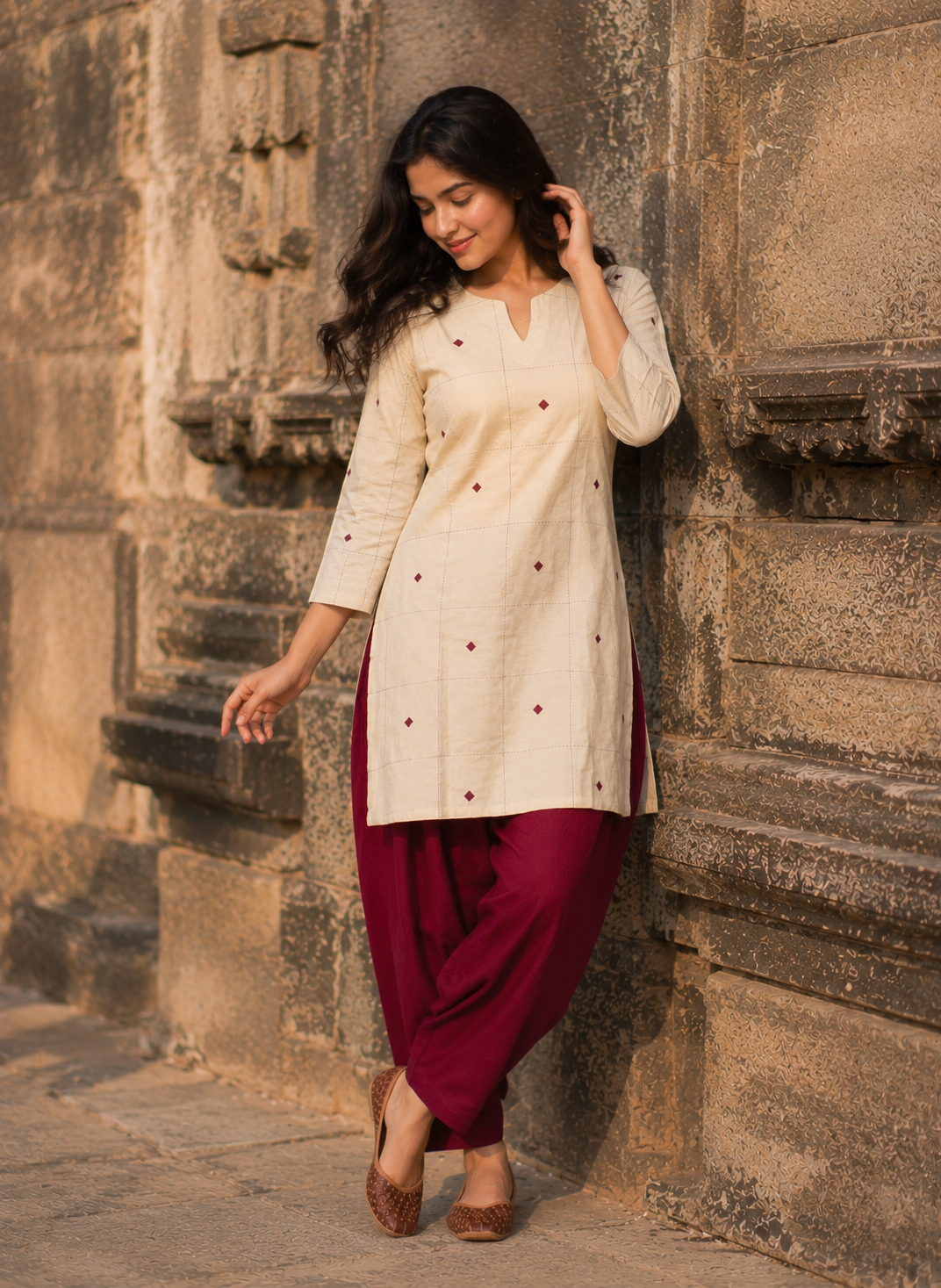 Ivory Grace Embroidered Kurta with Maroon Patiala Set