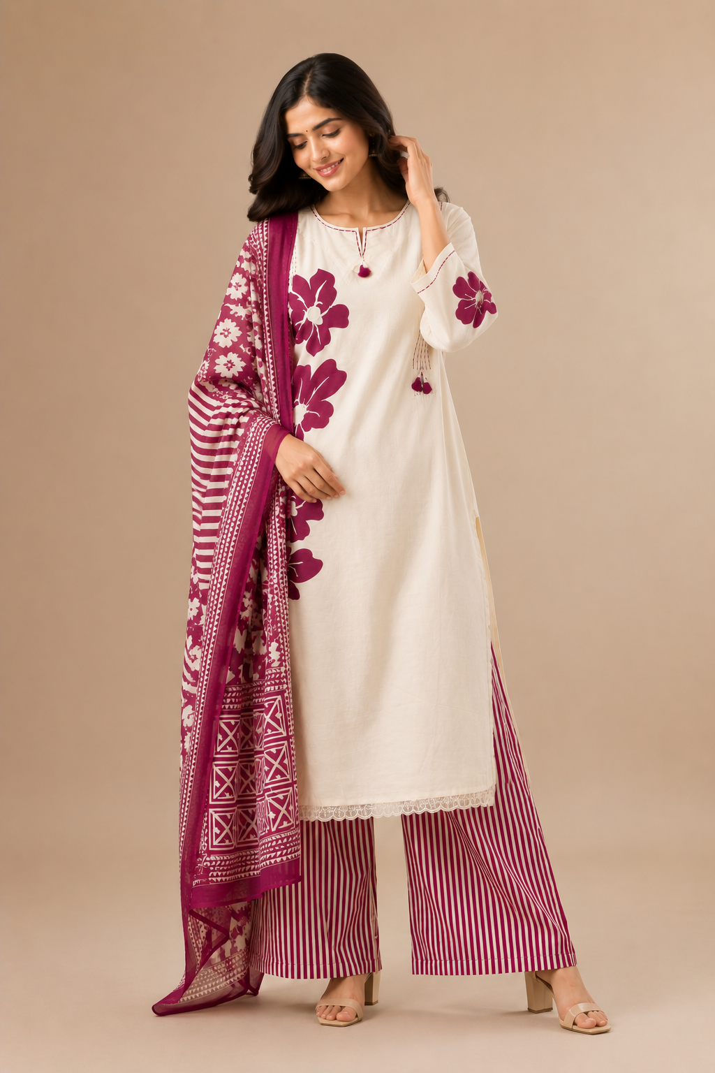 Wine Floral Duppata Set