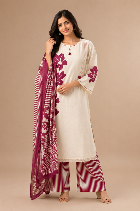 Wine Floral Duppata Set