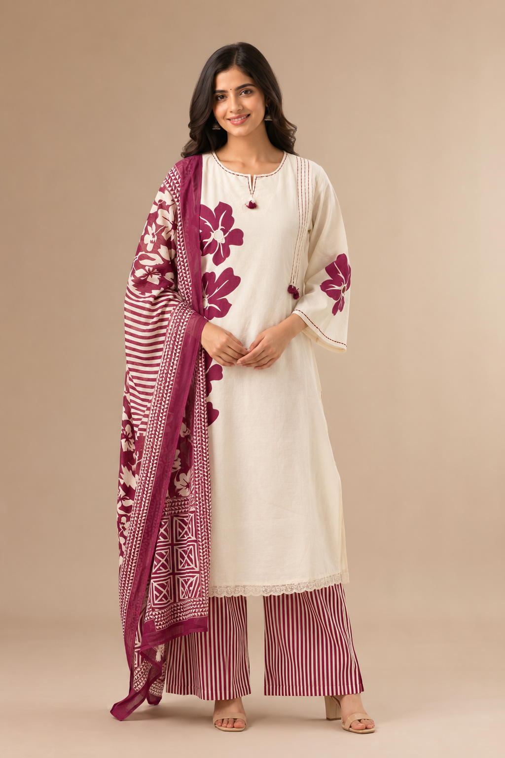 Wine Floral Duppata Set
