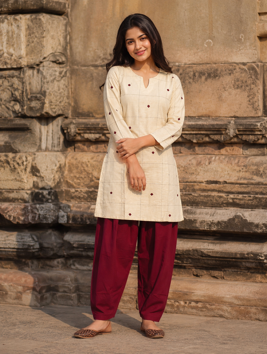 Ivory Grace Embroidered Kurta with Maroon Patiala Set