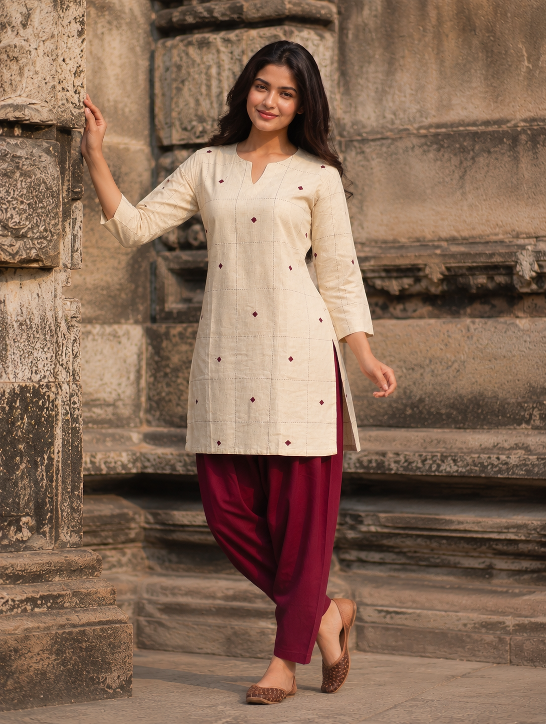 Ivory Grace Embroidered Kurta with Maroon Patiala Set