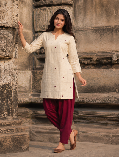 Ivory Grace Embroidered Kurta with Maroon Patiala Set