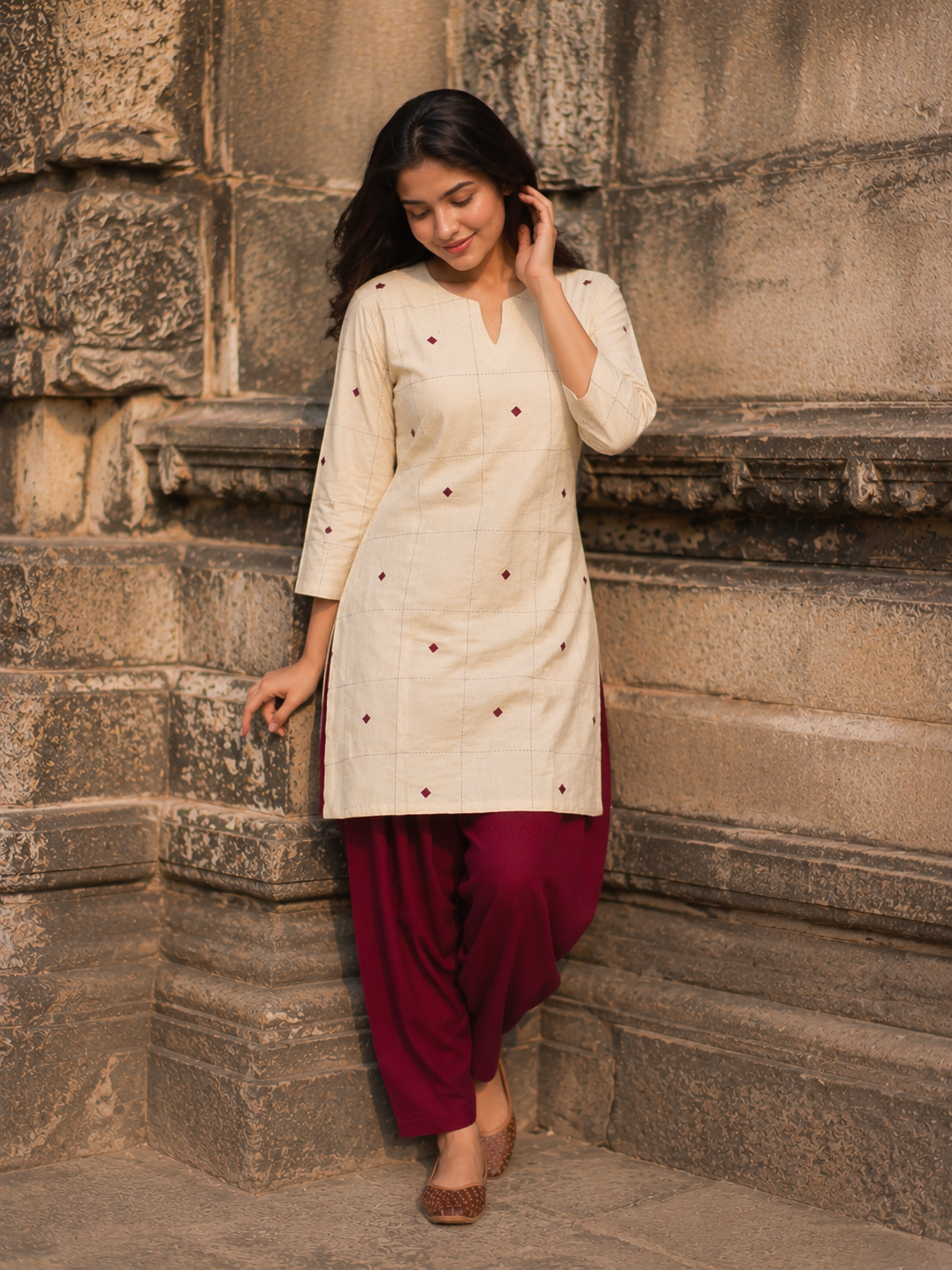 Ivory Grace Embroidered Kurta with Maroon Patiala Set