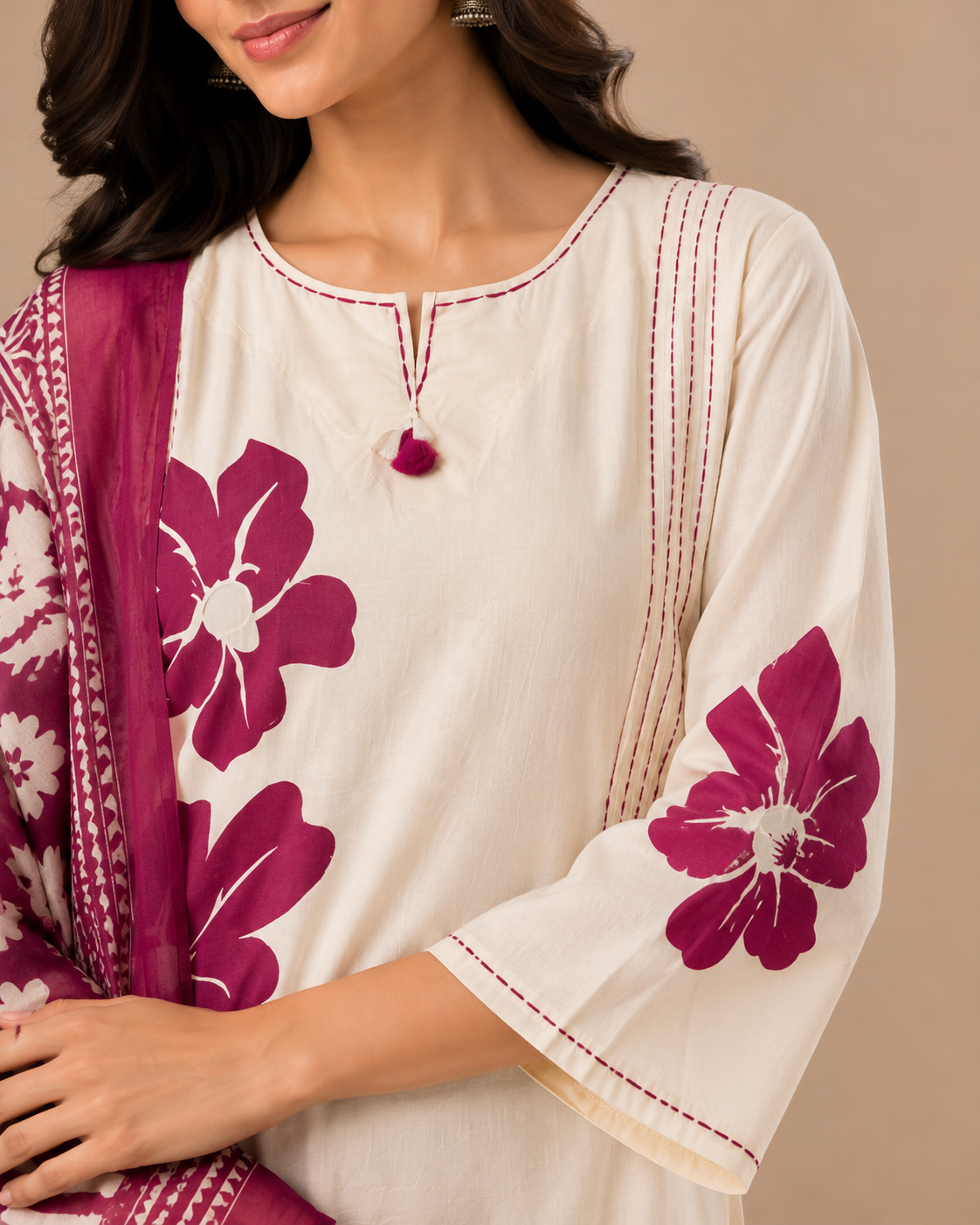Wine Floral Duppata Set