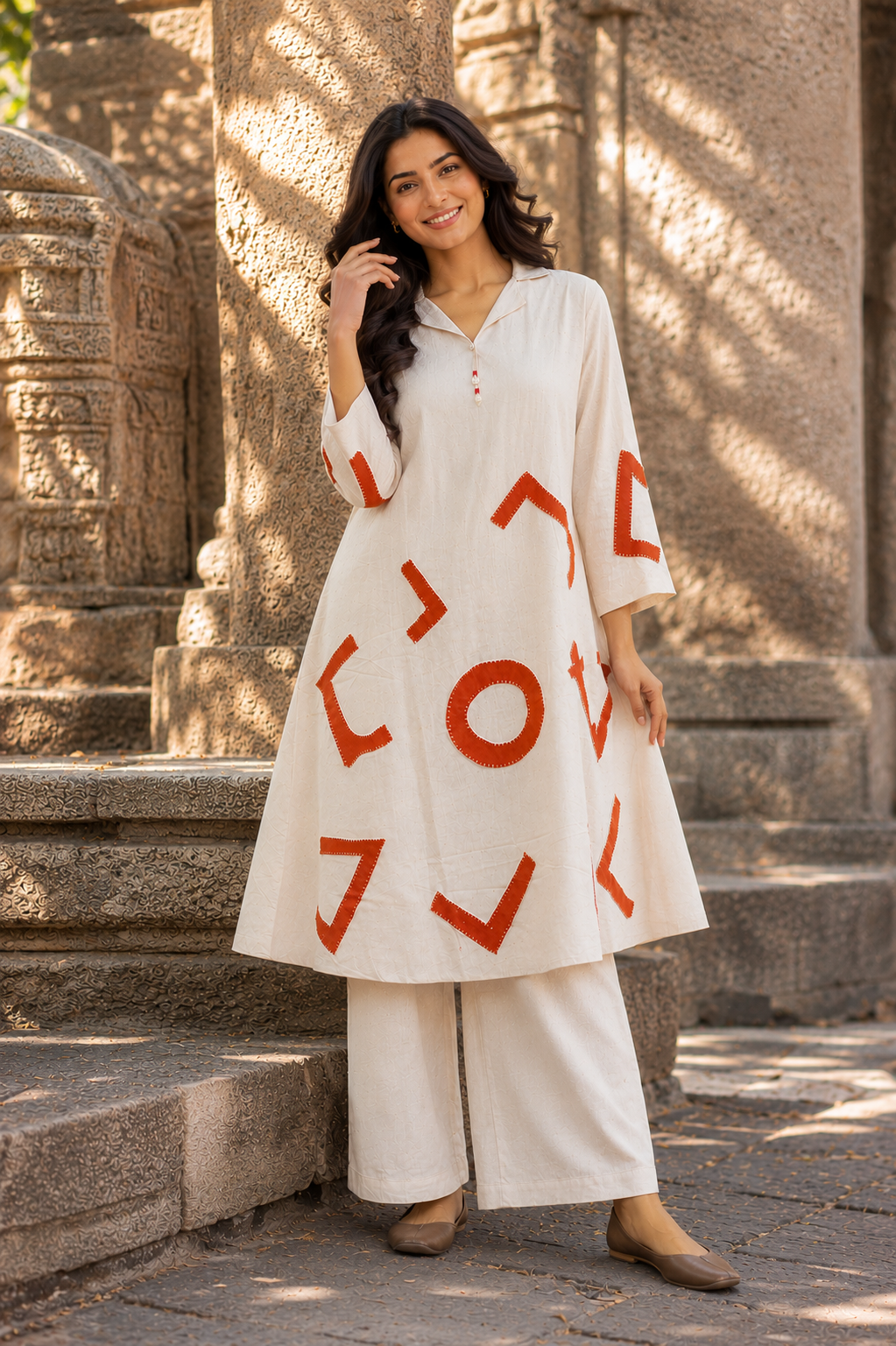 Ivory Geometric Appliqué Cotton Co-Ord Set